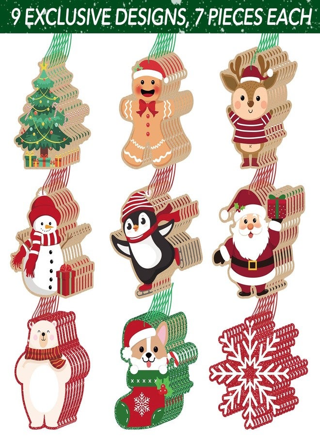 COCHIE Glitter Printed Xmas Gift Labels - 63Pcs Christmas Name Tags with String and Reindeer, Santa, Snowman Gift Labels for DIY Holiday Present Wrapping - Image 2